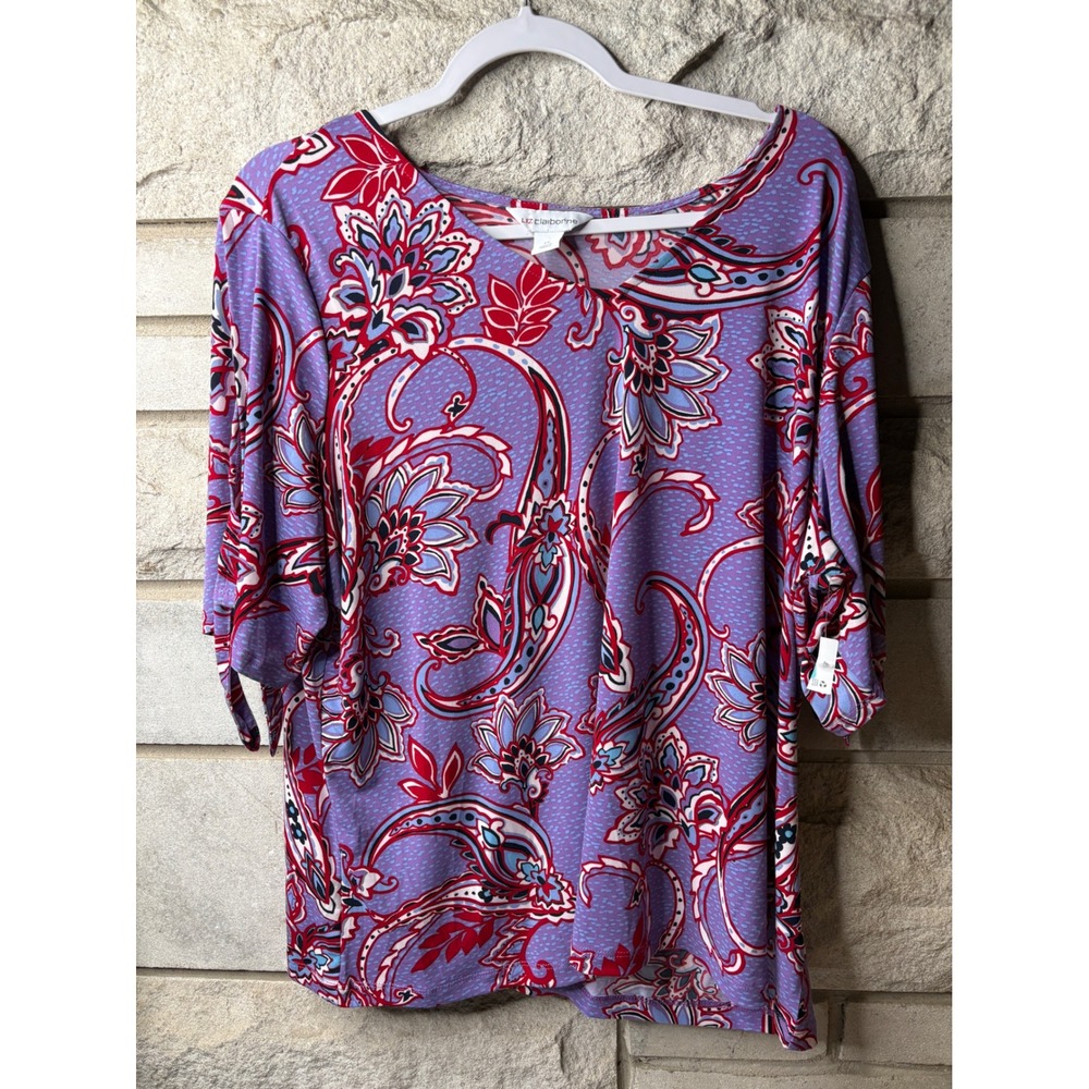 Liz Claiborne Women Purple Paisley Floral V-Neck Split Tie Sleeve Top 1X 76597-4